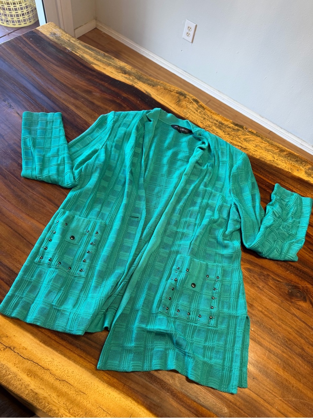 Ming Wang Teal Open-Front Studded Pocket Knit Blazer